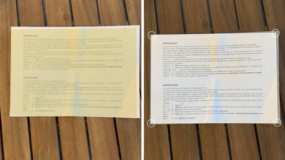 L'iPhone distingue le document de l'arrière-plan pour ne numériser que celui-ci. L'iPhone distingue le document de l'arrière-plan pour ne numériser que celui-ci.