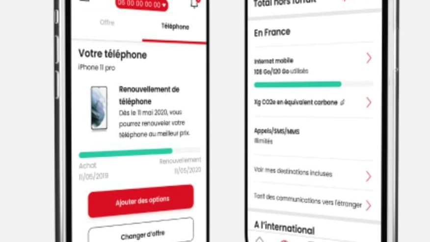 Interface des onglets Accueil et Conso de l'application SFR & Moi pour une ligne mobile Interface des onglets Accueil et Conso de l'application SFR & Moi pour une ligne mobile