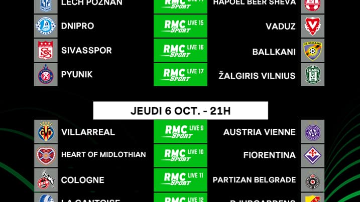 Le programme complet de la 3e journée de Ligue Europa Conférence sur RMC Sport Le programme complet de la 3e journée de Ligue Europa Conférence sur RMC Sport