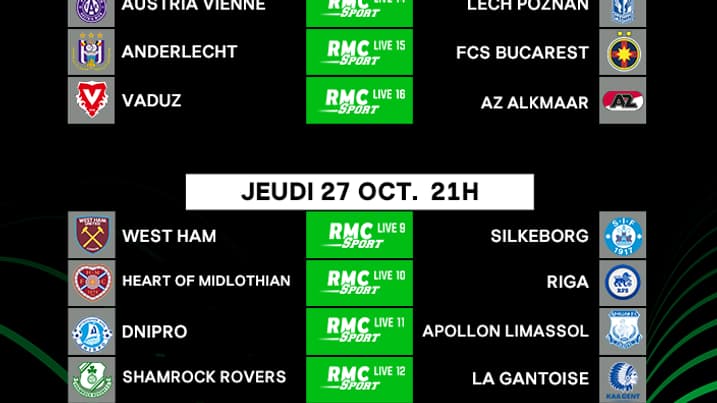 Vous pouvez également suivre la Ligue Europa Conférence en direct, et même en simultané avec le Multiplex, sur RMC Sport. Vous pouvez également suivre la Ligue Europa Conférence en direct, et même en simultané avec le Multiplex, sur RMC Sport.