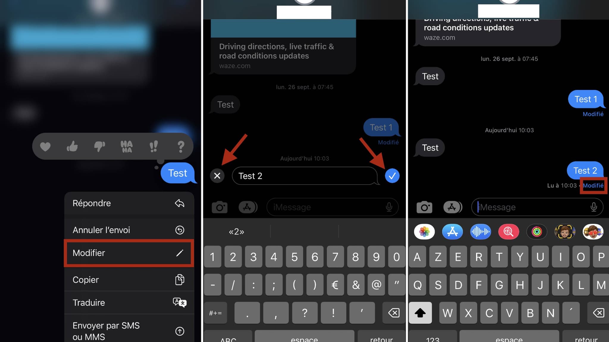 Après avoir appuyé de manière prolongé sur le message, cliquez sur "Modifier". Vous pourrez ensuite soit valider votre modification avec la coche bleue à droite, soit revenir au message original avec le bouton "X" gris à gauche. Une fois enregistré, une indication apparaîtra sous le message modifié.
