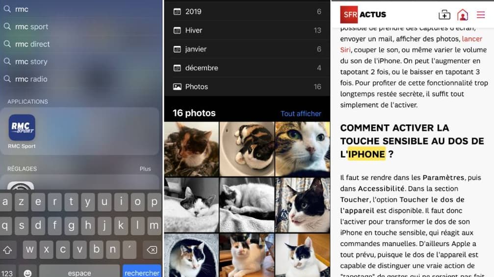 Les outils de recherche, de gauche à droite : d'applications depuis l'écran d'accueil, dans Photos, et sur Safari. Les outils de recherche, de gauche à droite : d'applications depuis l'écran d'accueil, dans Photos, et sur Safari.